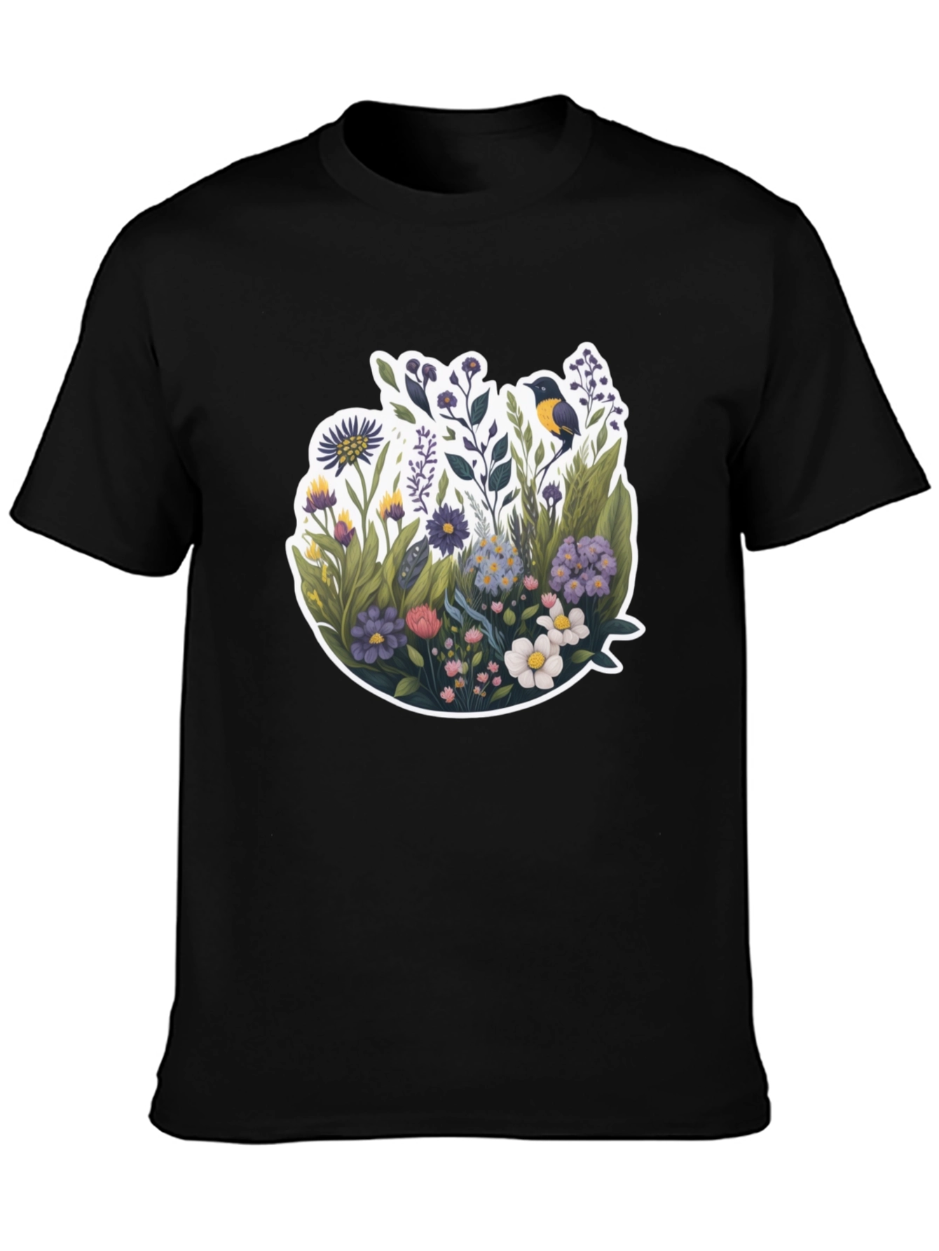 Floral Bird Graphic Black T-Shirt