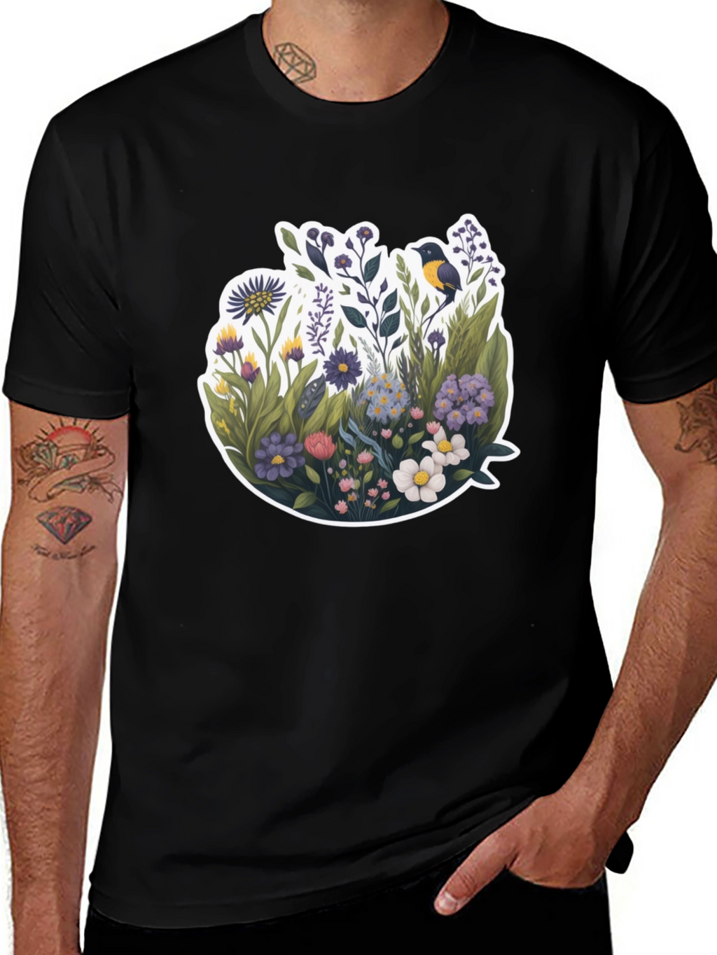 Floral Bird Graphic Black T-Shirt