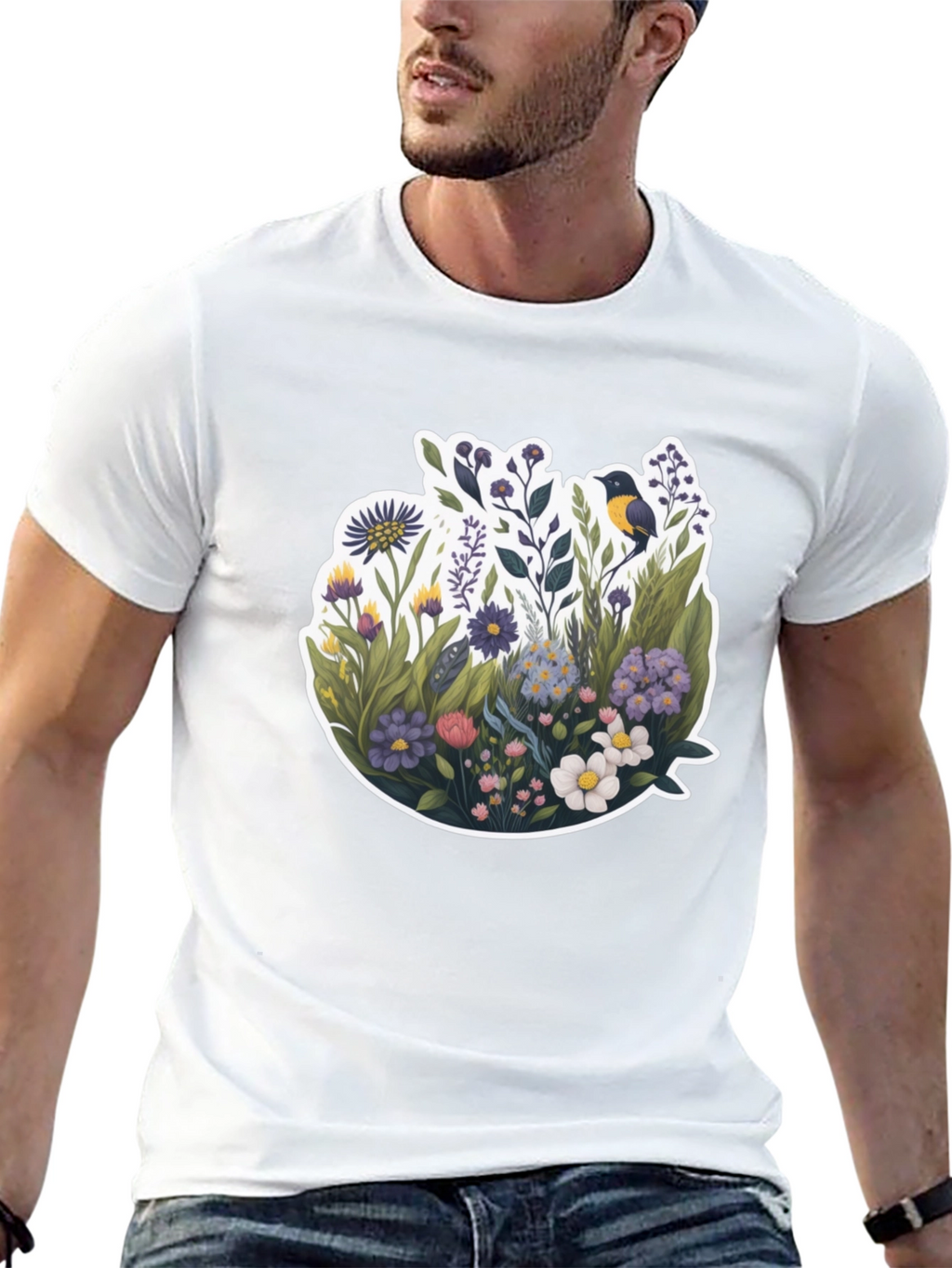 Floral Bird Graphic Black T-Shirt