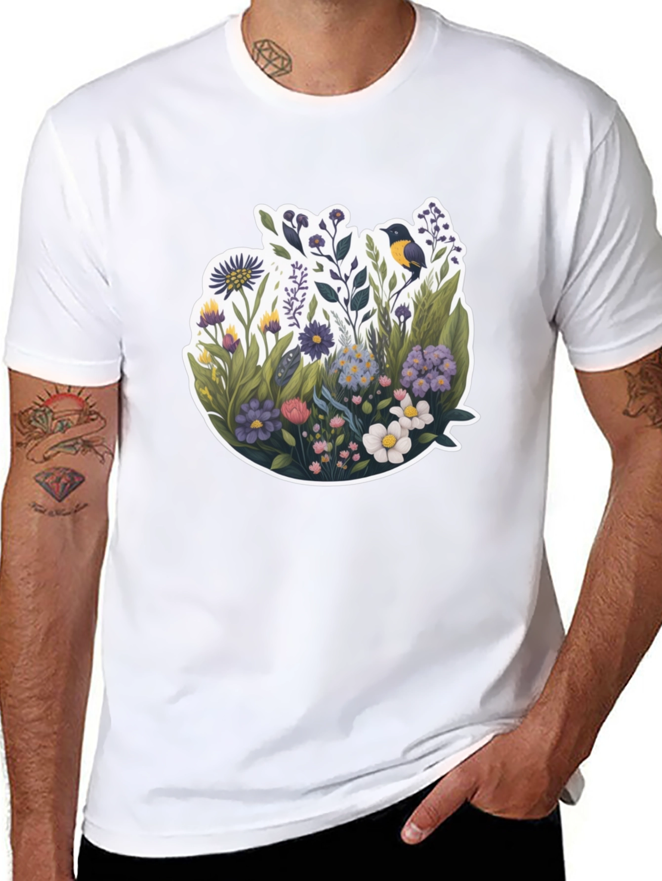 Floral Bird Graphic Black T-Shirt
