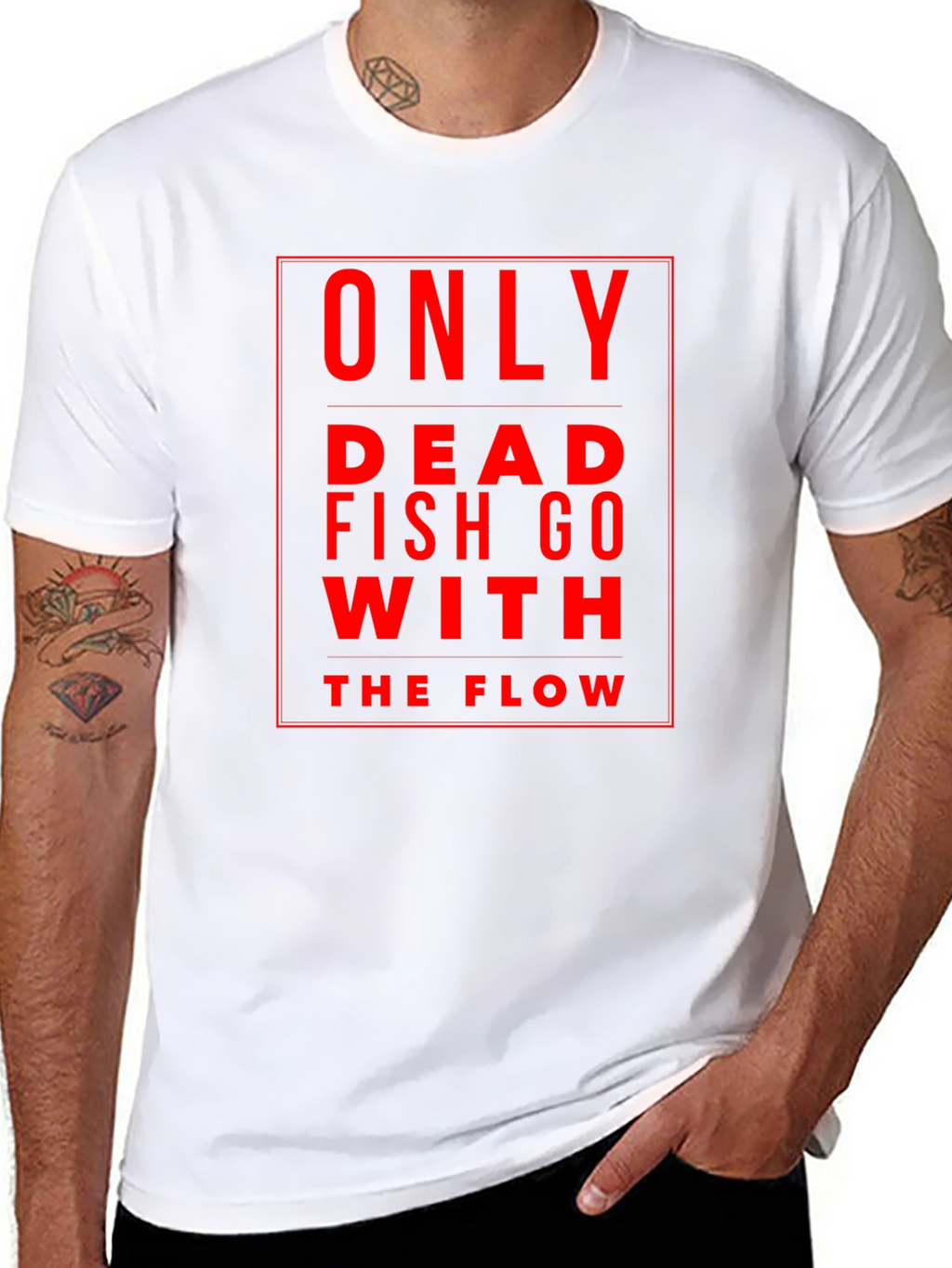 Only Dead Fish Go With The Flow Black T-Shirt