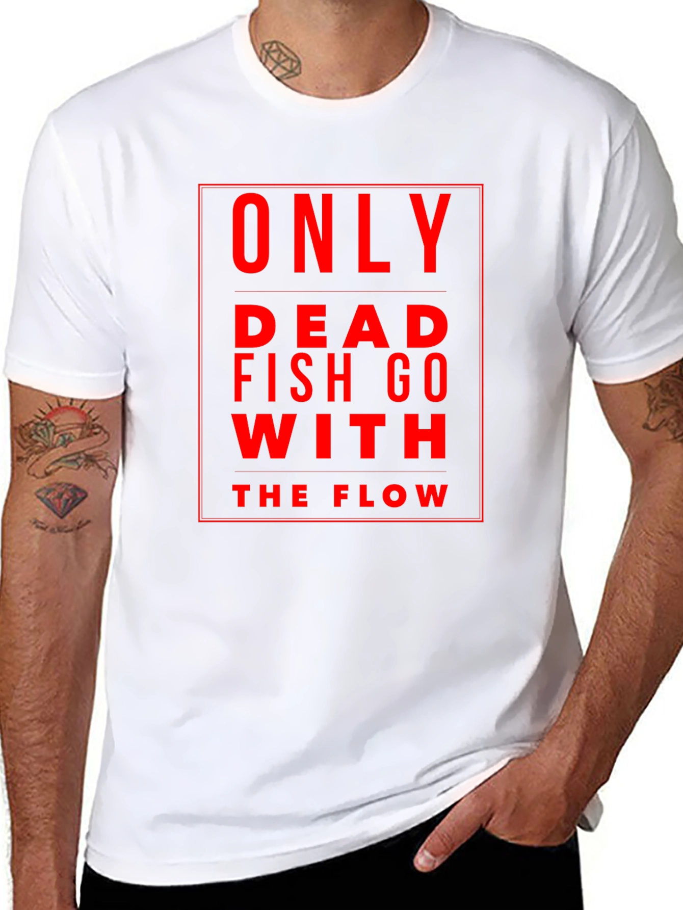 Only Dead Fish Go With The Flow Black T-Shirt