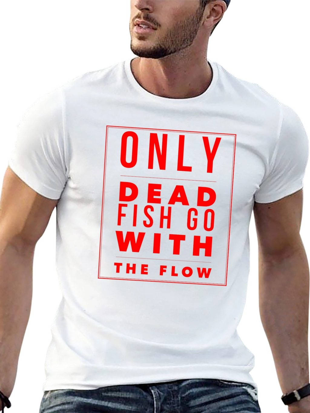 Only Dead Fish Go With The Flow Black T-Shirt