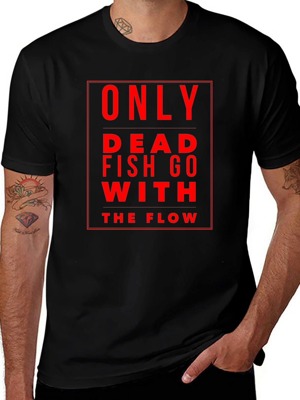 Only Dead Fish Go With The Flow Black T-Shirt