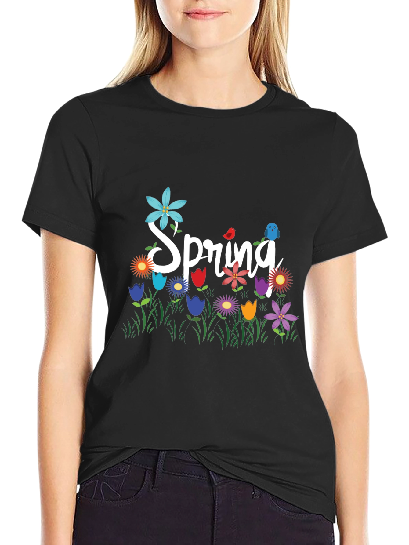 Spring Floral Graphic T-Shirt Black Casual Tee