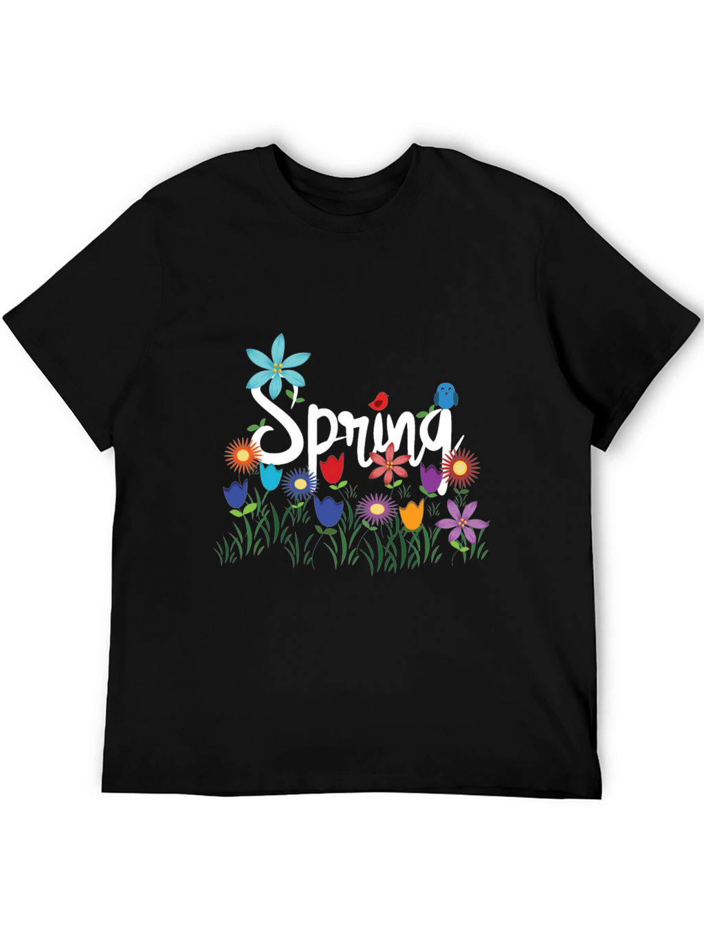 Spring Floral Graphic T-Shirt Black Casual Tee
