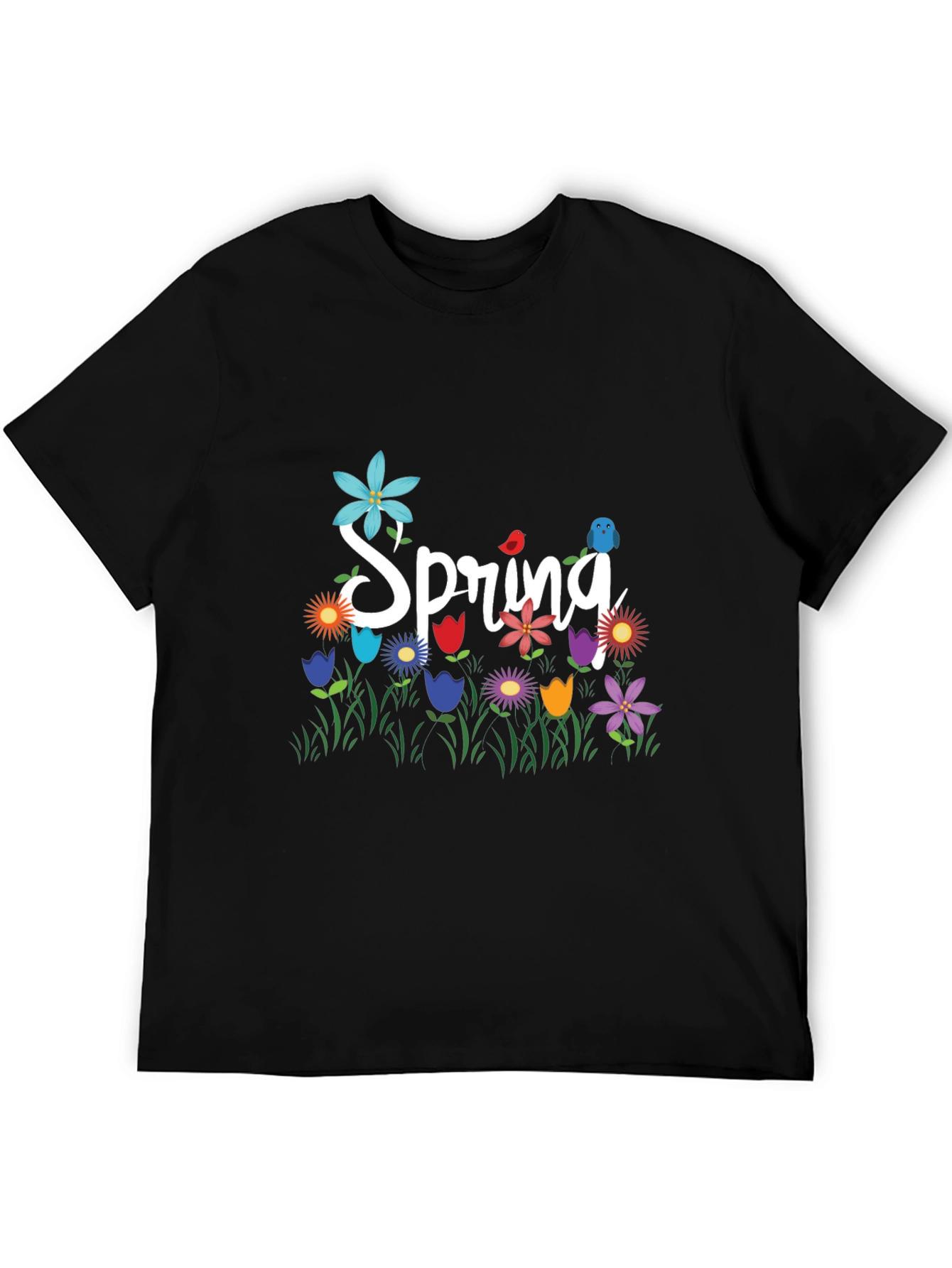 Spring Floral Graphic T-Shirt Black Casual Tee