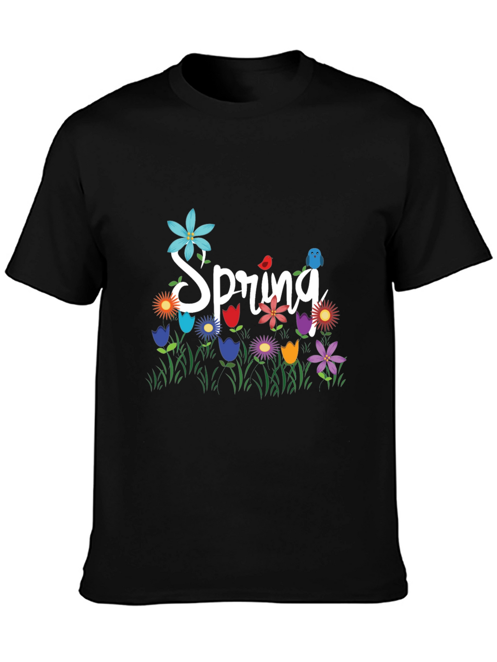 Spring Floral Graphic T-Shirt Black Casual Tee