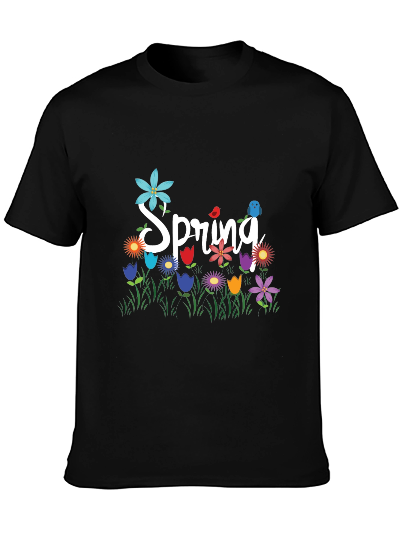 Spring Floral Graphic T-Shirt Black Casual Tee