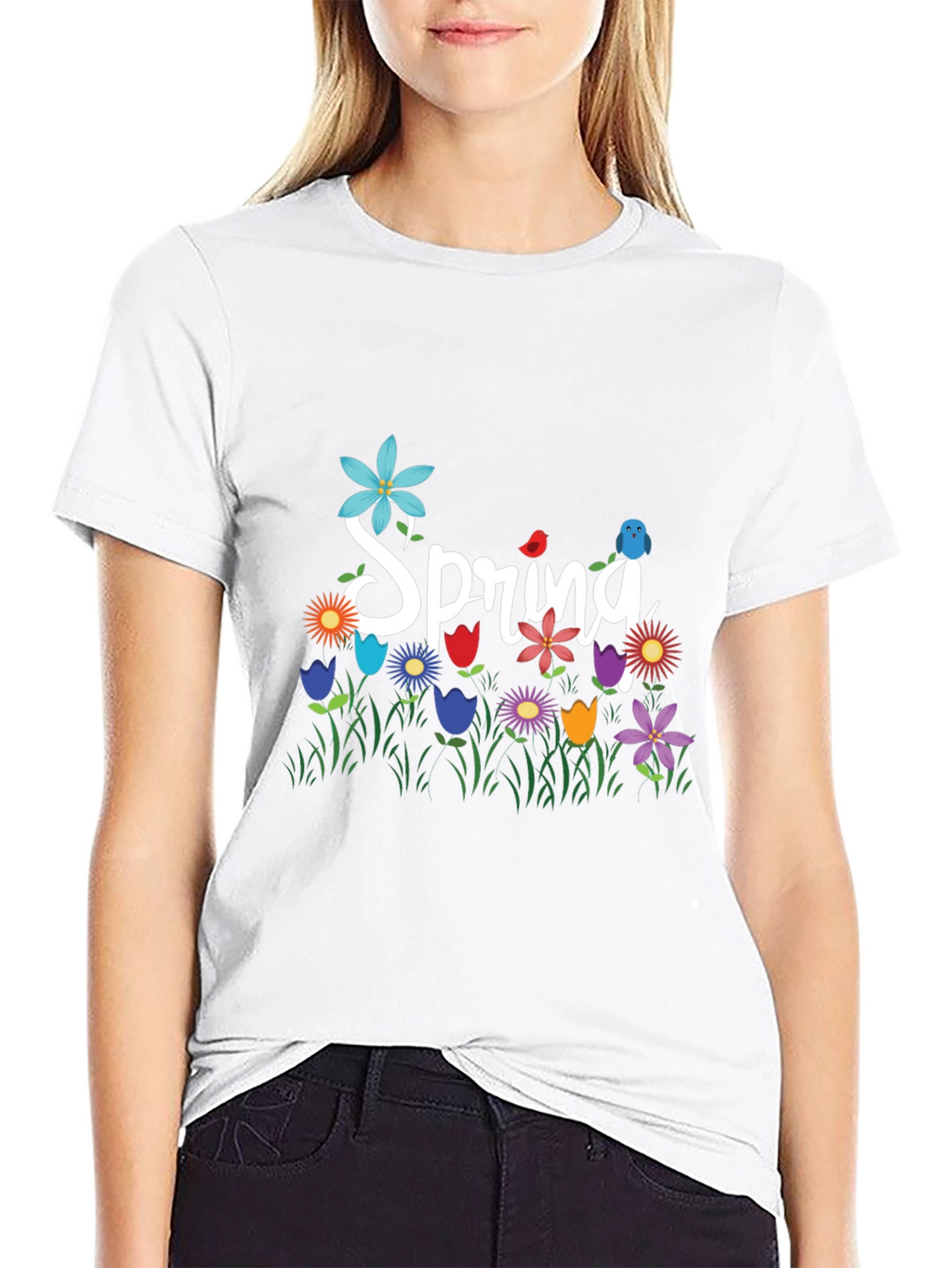 Spring Floral Graphic T-Shirt Black Casual Tee