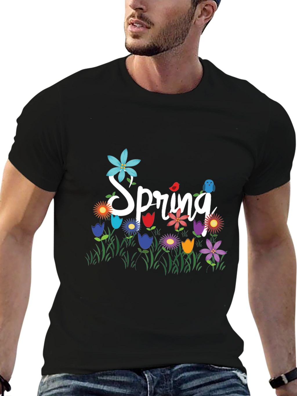 Spring Floral Graphic T-Shirt Black Casual Tee