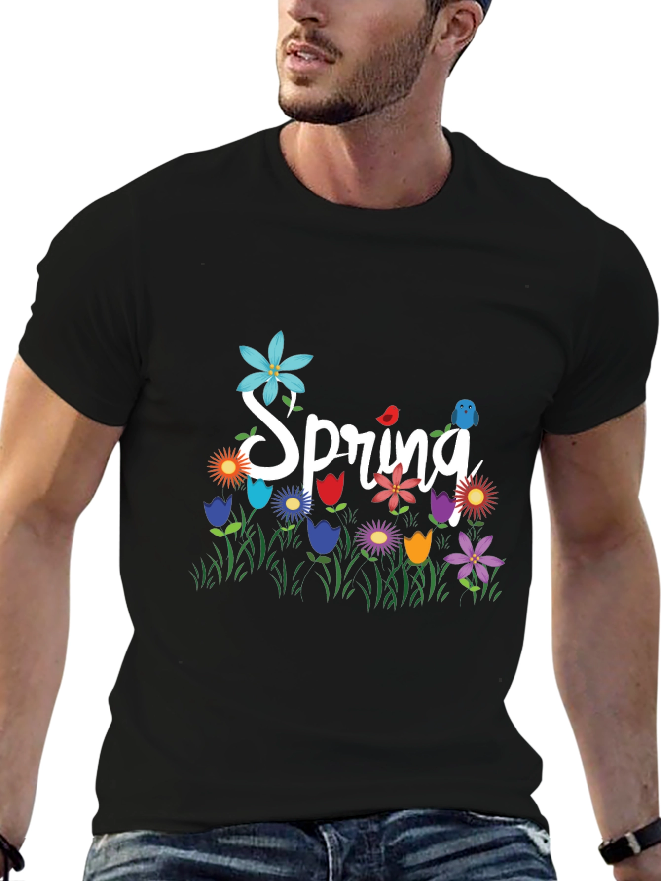 Spring Floral Graphic T-Shirt Black Casual Tee