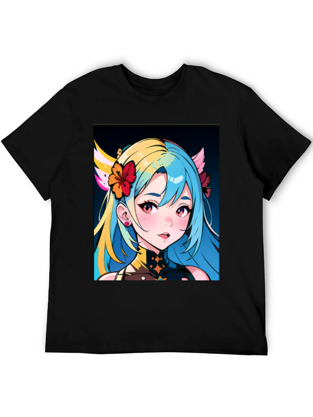 Anime Girl Graphic Tee - Black Cotton Casual Shirt