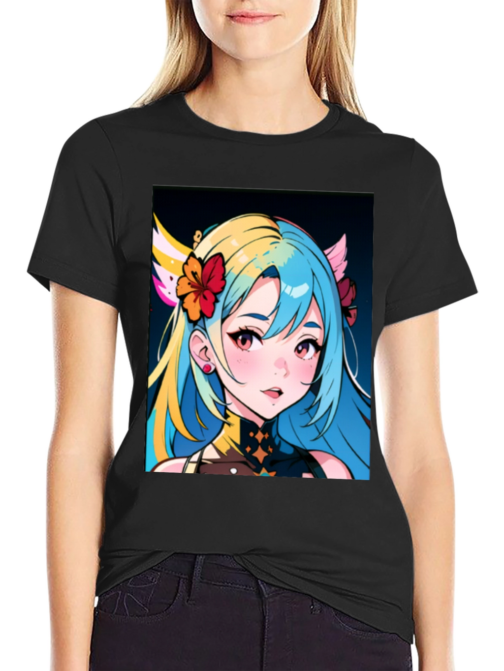 Anime Girl Graphic Tee - Black Cotton Casual Shirt