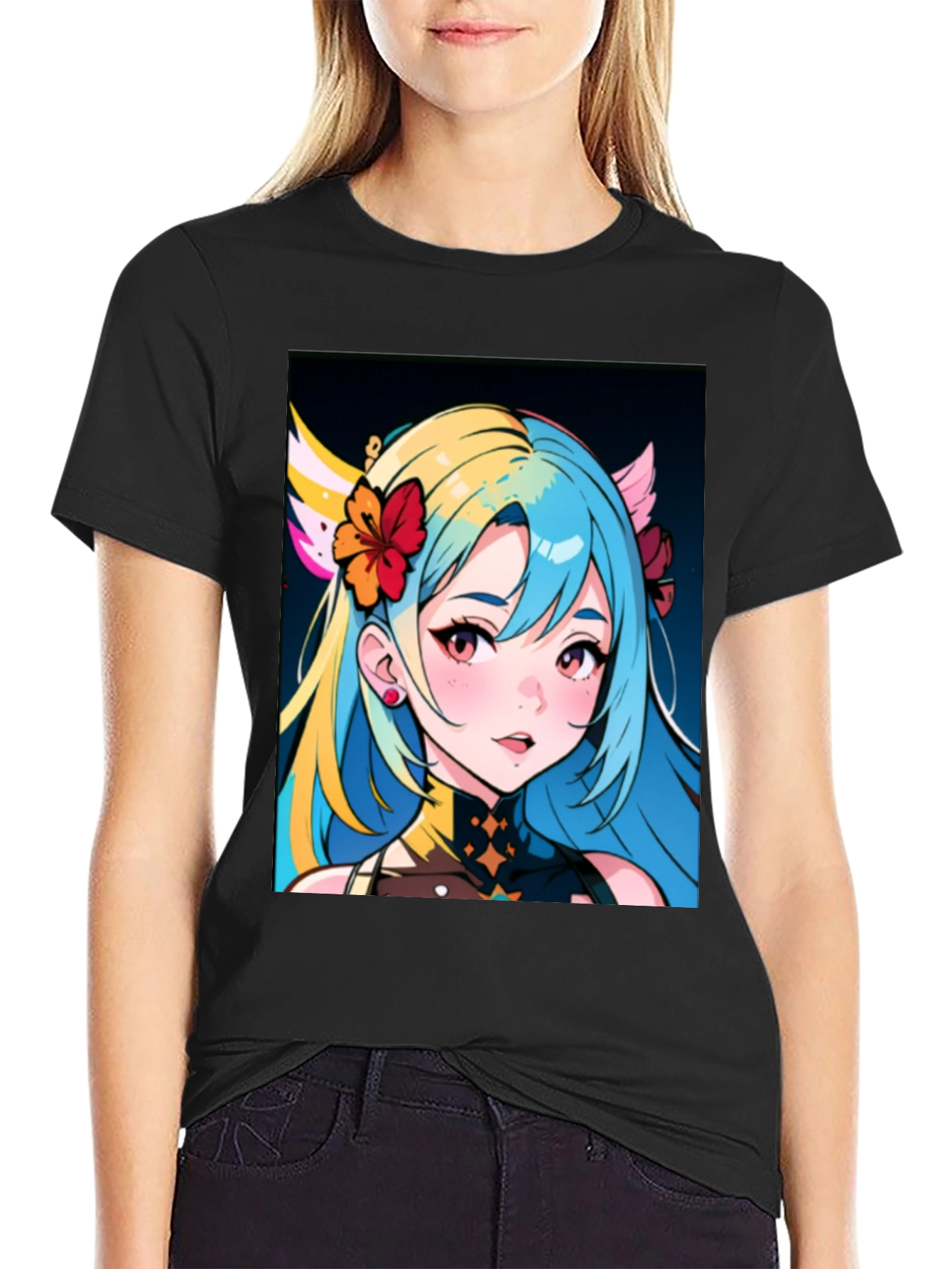 Anime Girl Graphic Tee - Black Cotton Casual Shirt
