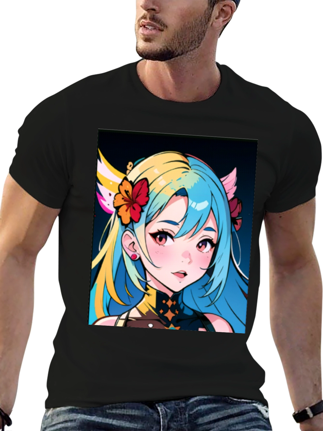 Anime Girl Graphic Tee - Black Cotton Casual Shirt
