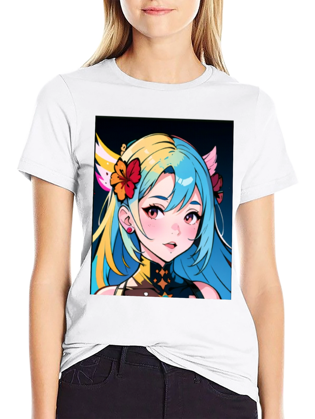 Anime Girl Graphic Tee - Black Cotton Casual Shirt