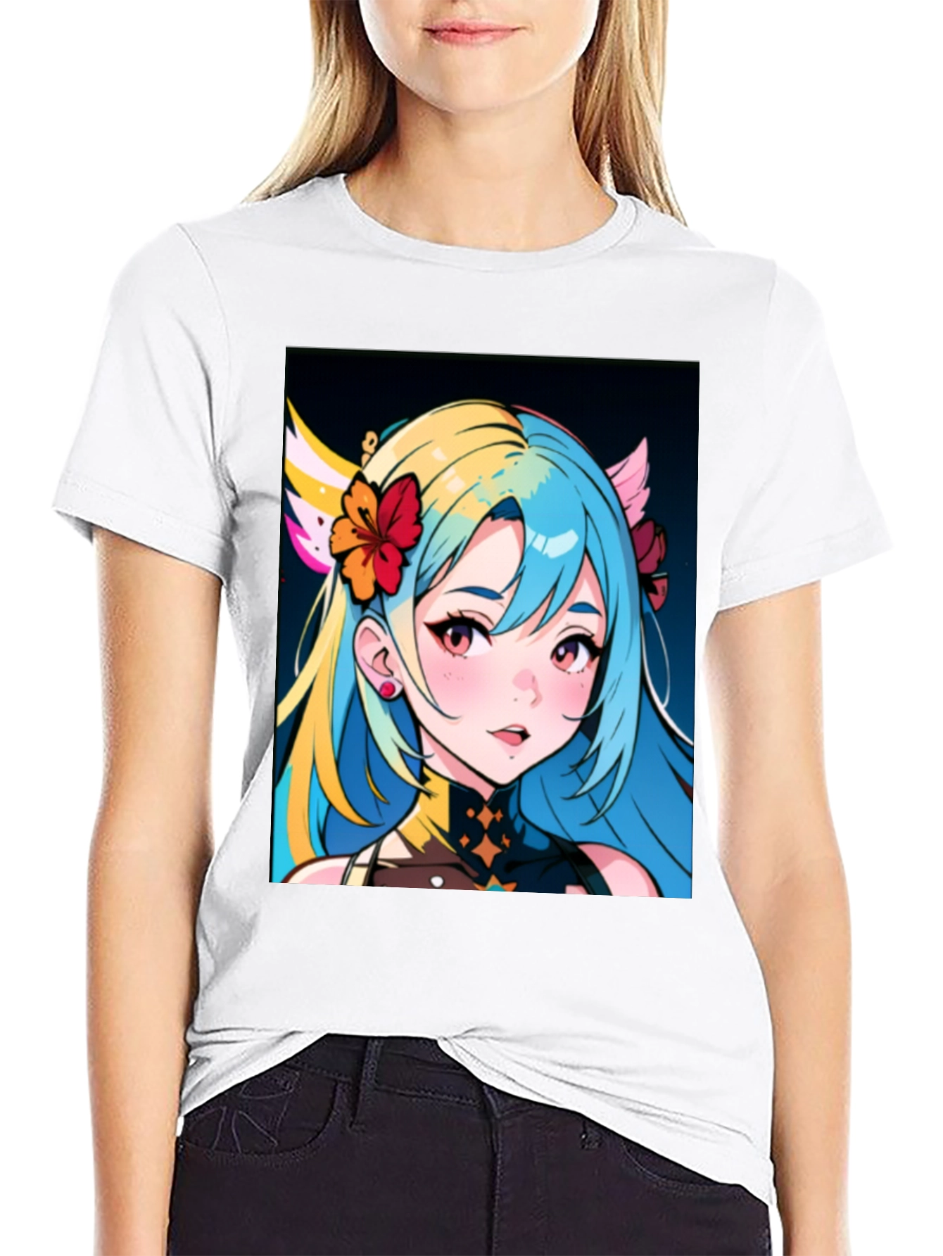 Anime Girl Graphic Tee - Black Cotton Casual Shirt