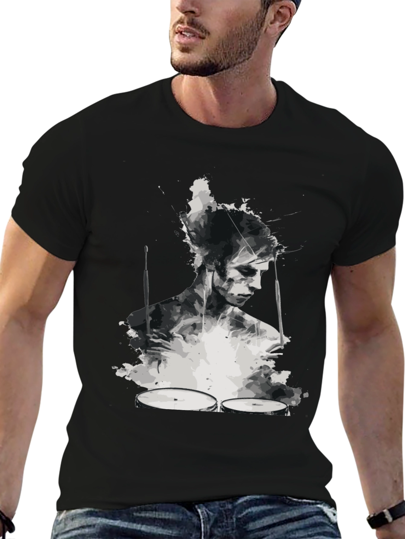 Abstract Drummer Graphic Tee - Black