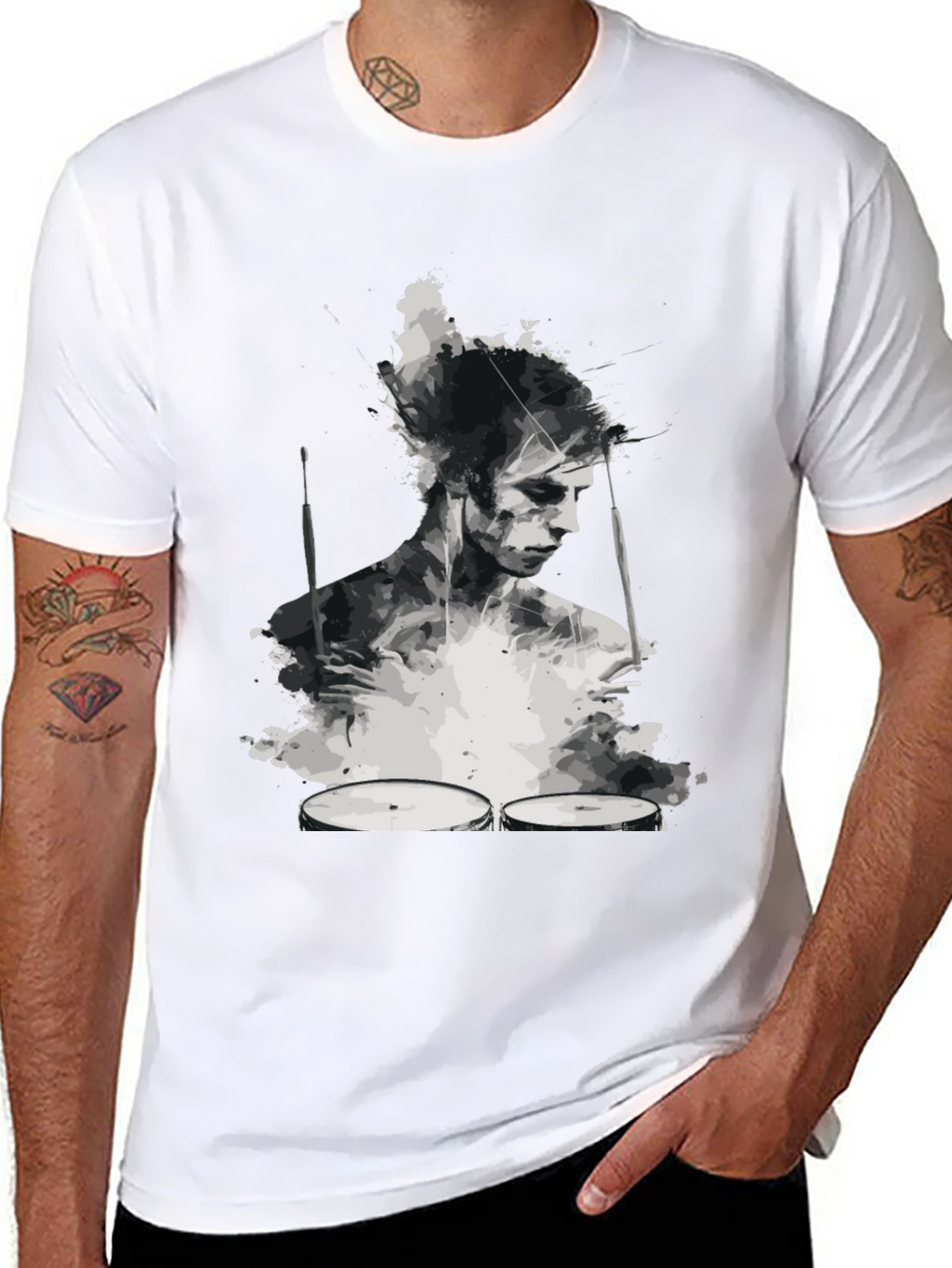 Abstract Drummer Graphic Tee - Black