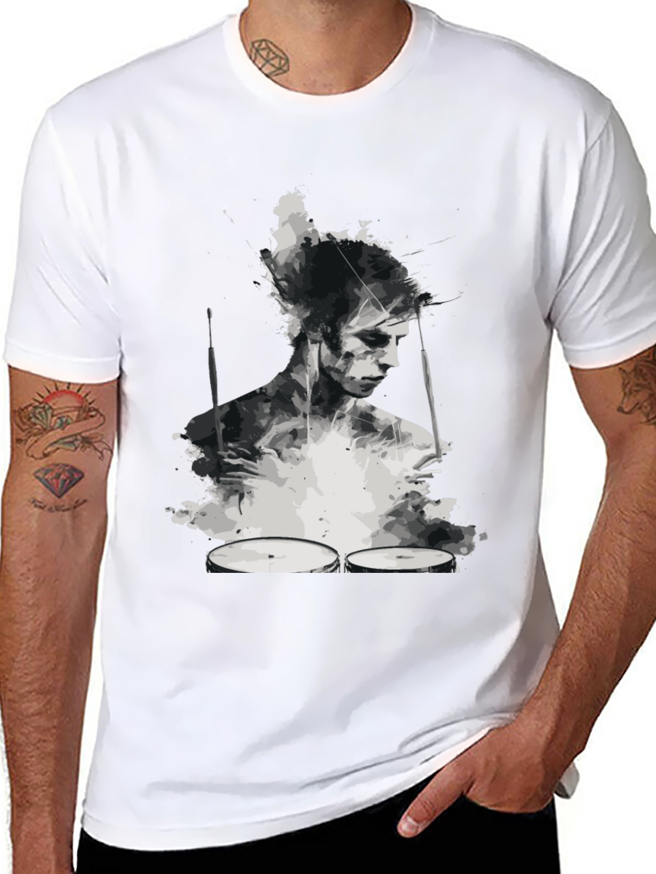 Abstract Drummer Graphic Tee - Black