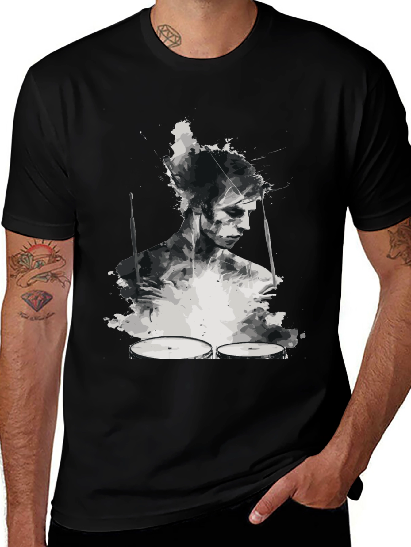 Abstract Drummer Graphic Tee - Black