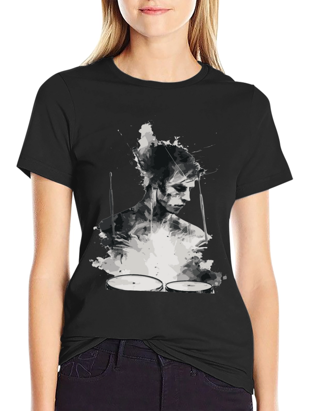 Abstract Drummer Graphic Tee - Black