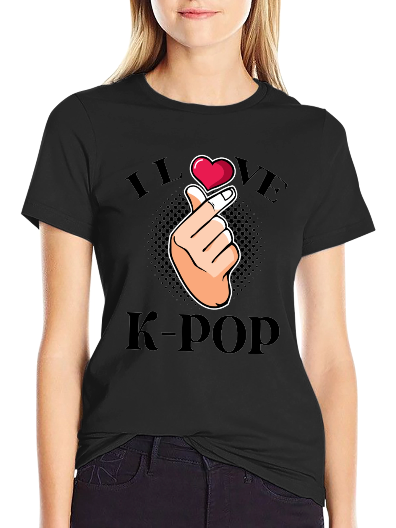 I Love K-Pop Finger Heart Graphic Tee - Black