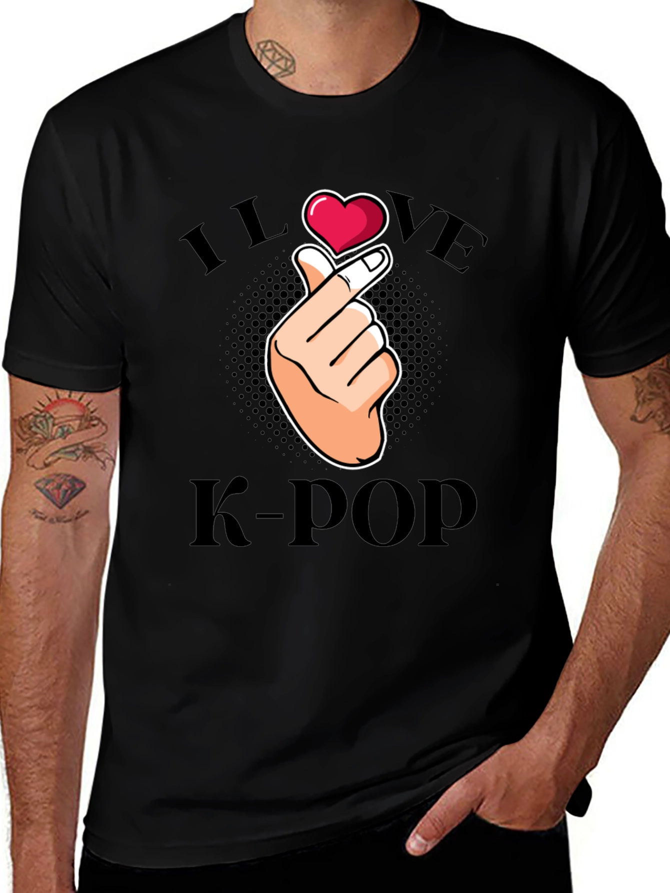 I Love K-Pop Finger Heart Graphic Tee - Black