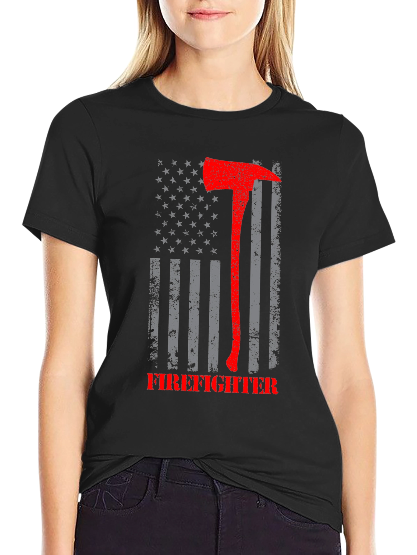 Firefighter Axe American Flag Graphic T-Shirt