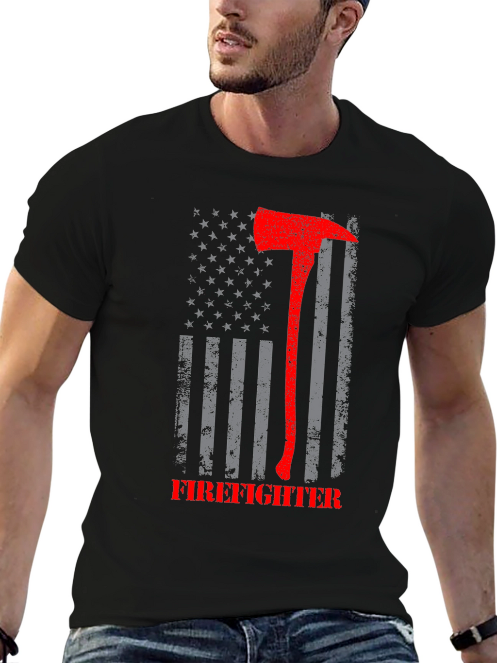 Firefighter Axe American Flag Graphic T-Shirt