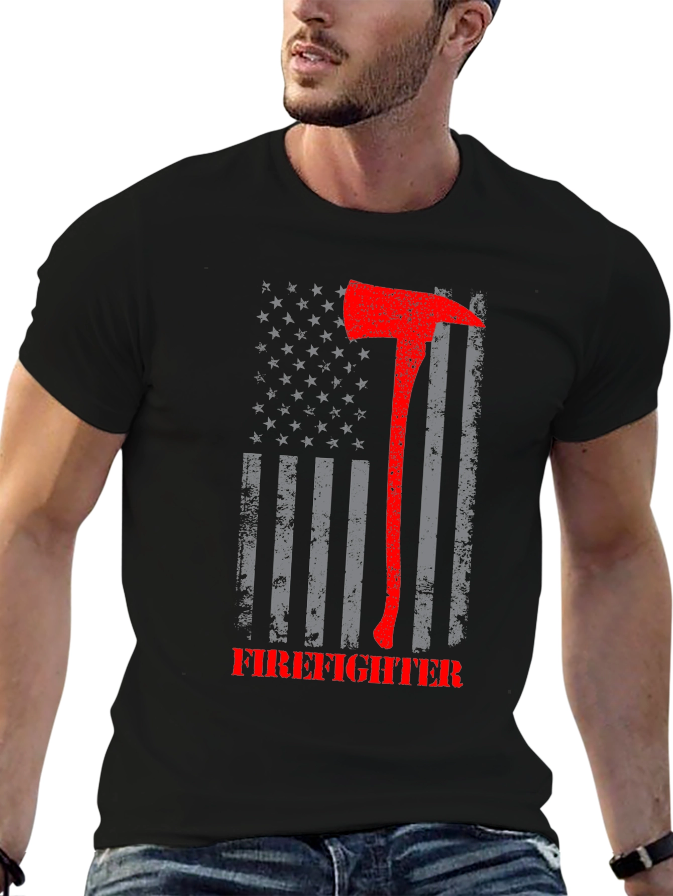 Firefighter Axe American Flag Graphic T-Shirt