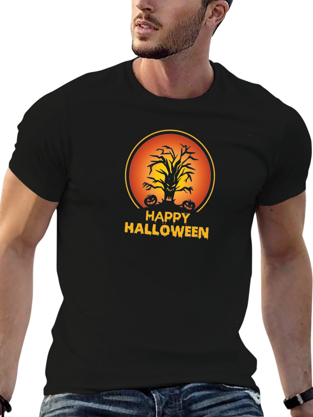 Happy Halloween Tree Black T-Shirt