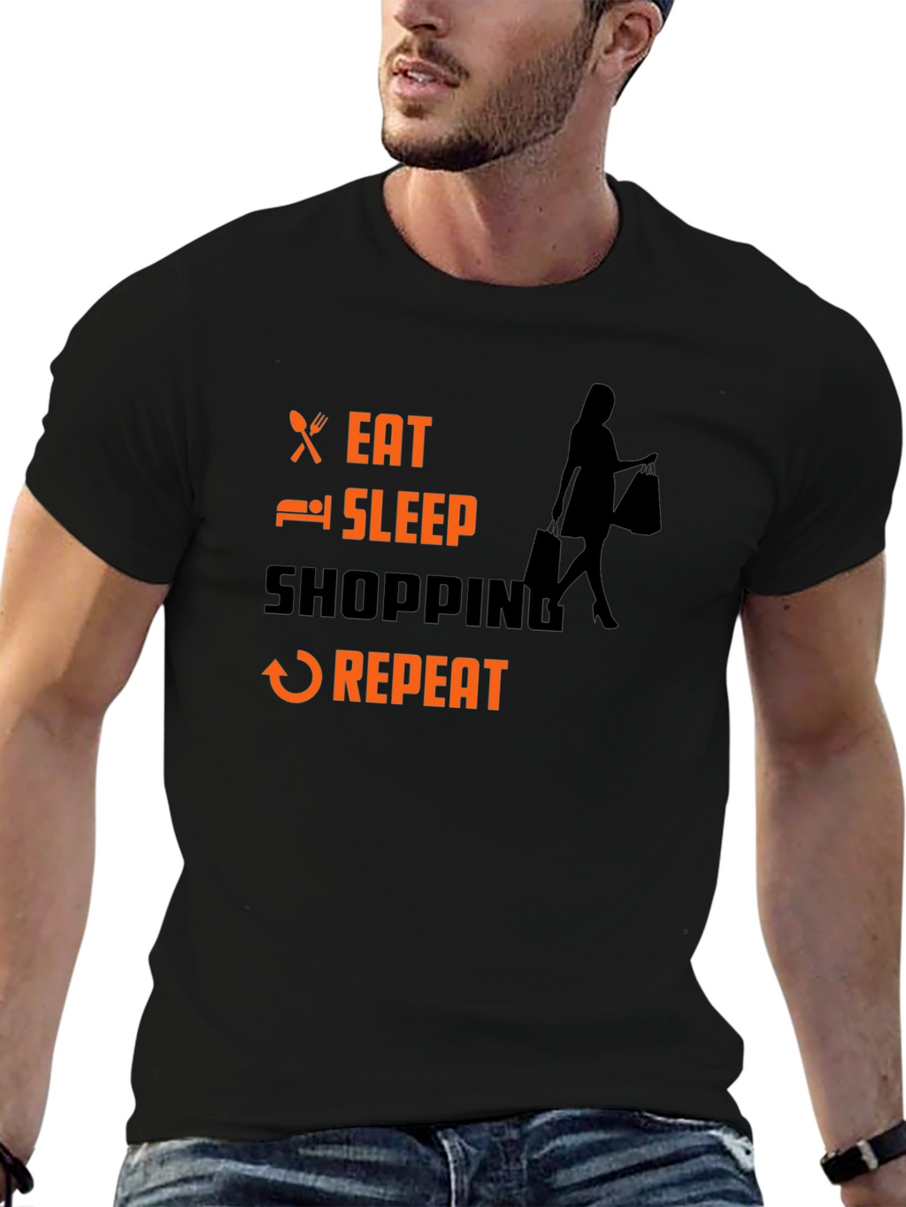 Eat Sleep Shopping Repeat Black T-Shirt