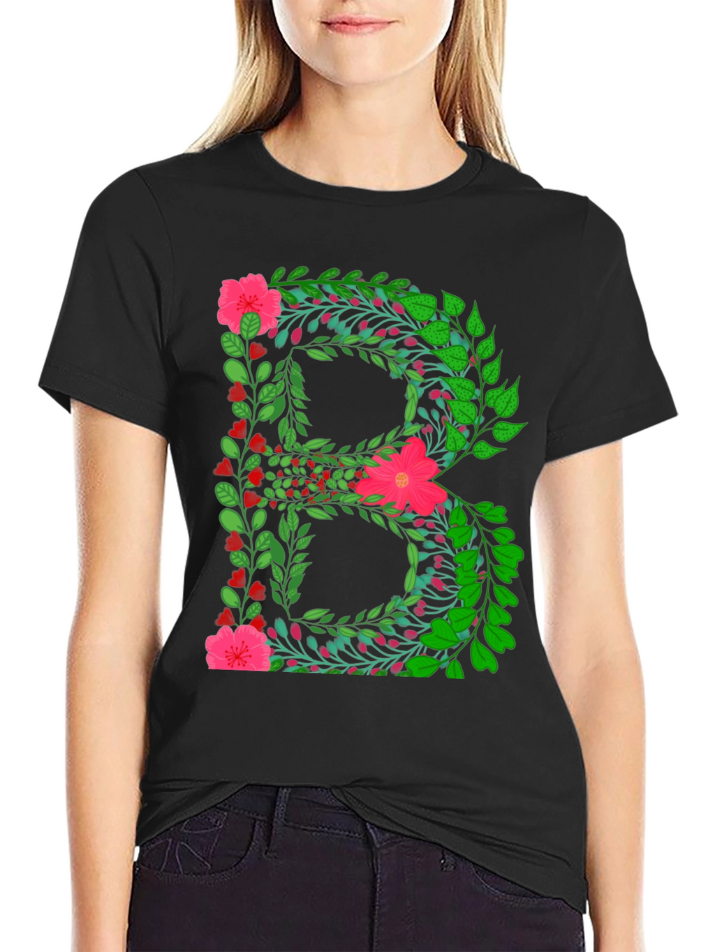 Floral Letter B Black T-Shirt