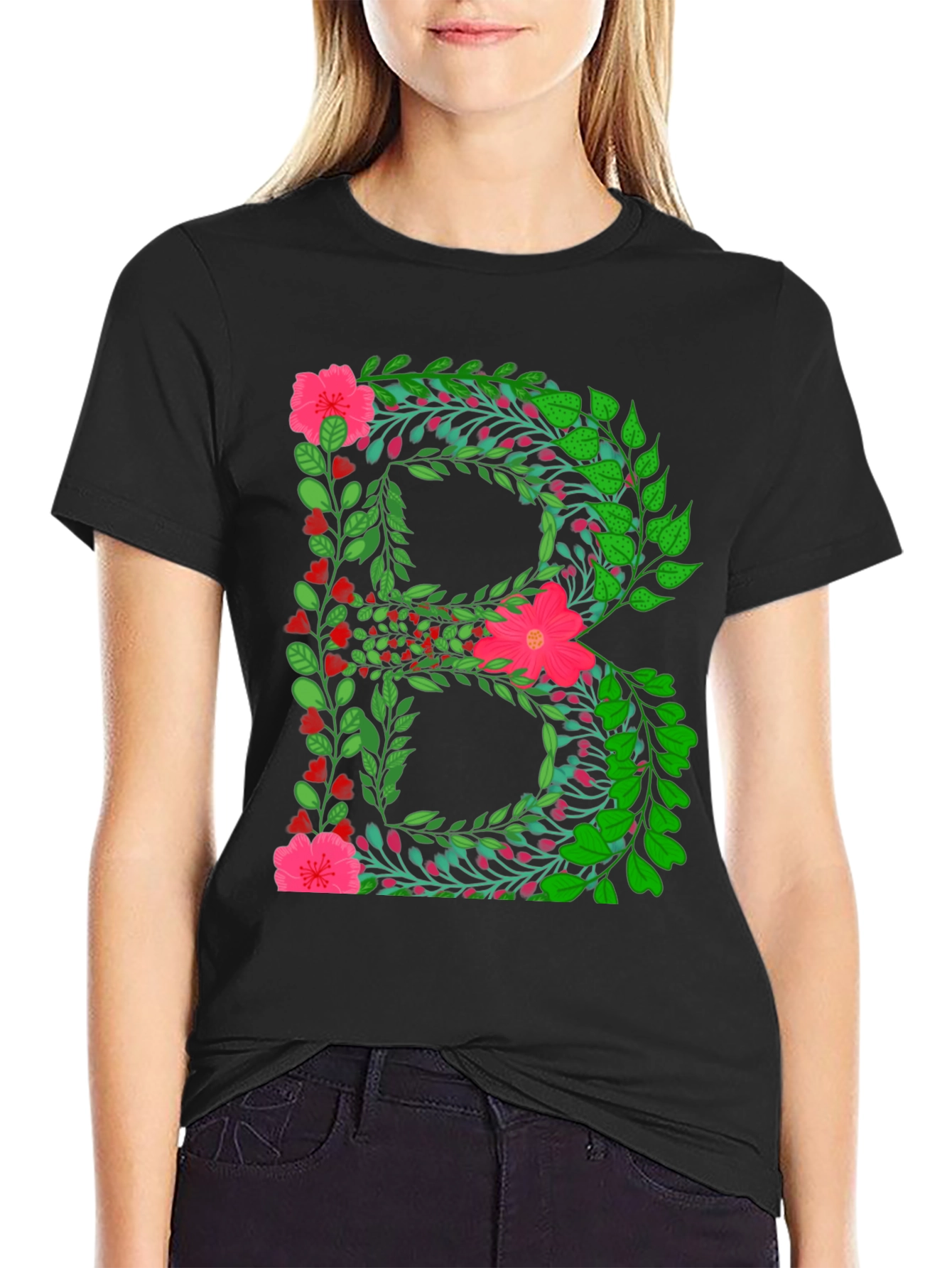 Floral Letter B Black T-Shirt