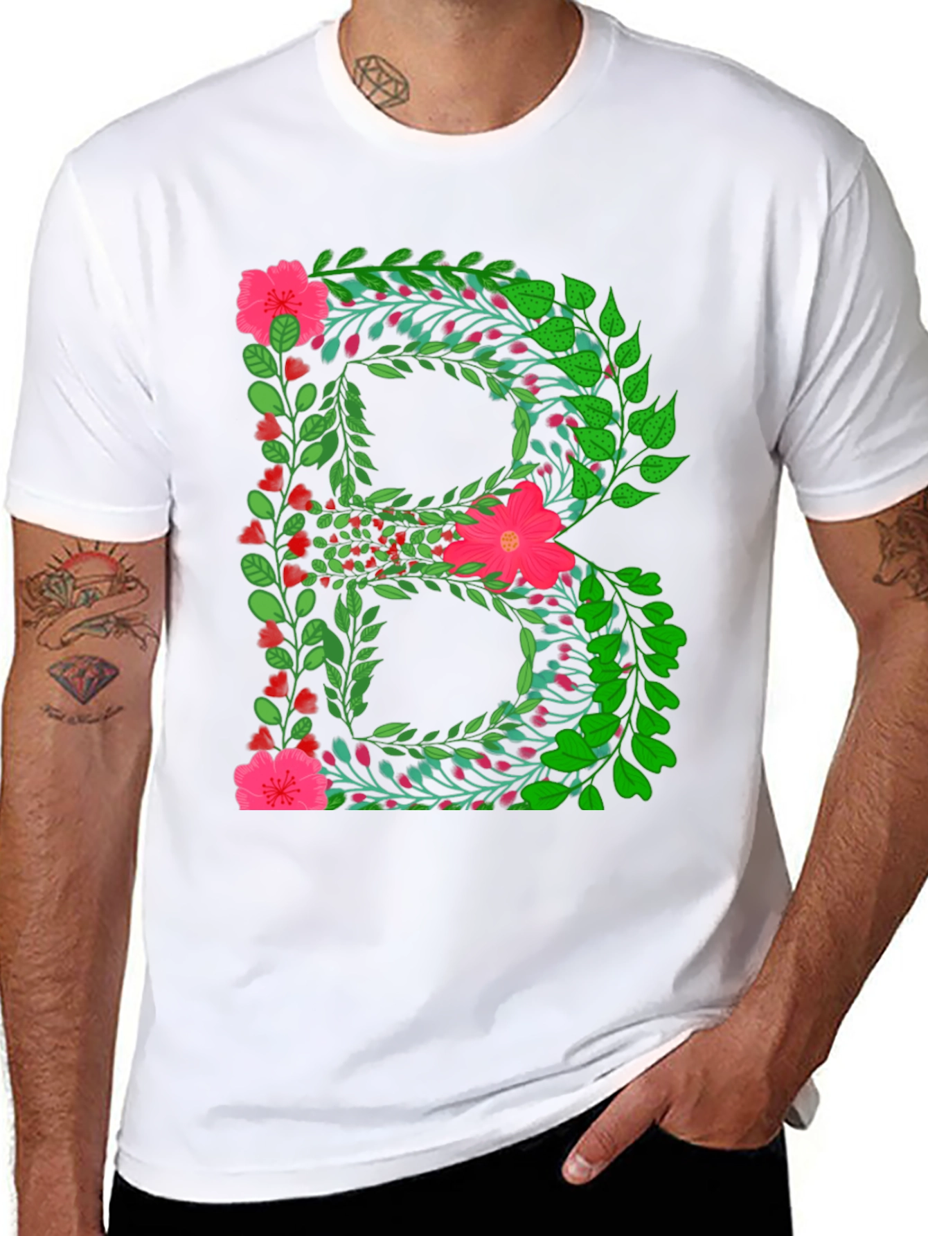Floral Letter B Black T-Shirt
