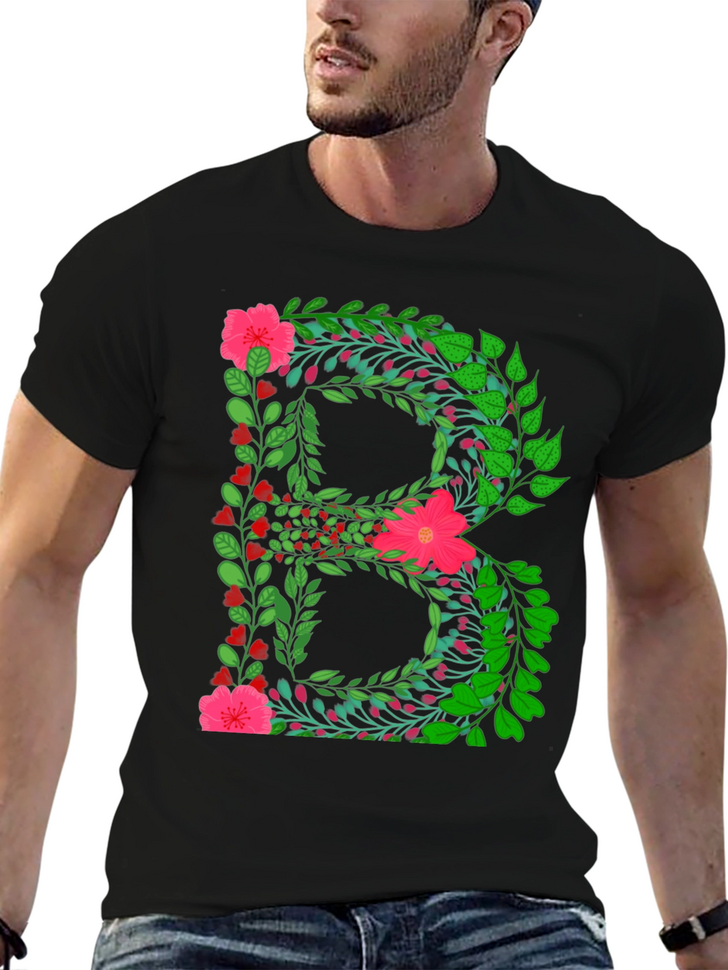 Floral Letter B Black T-Shirt