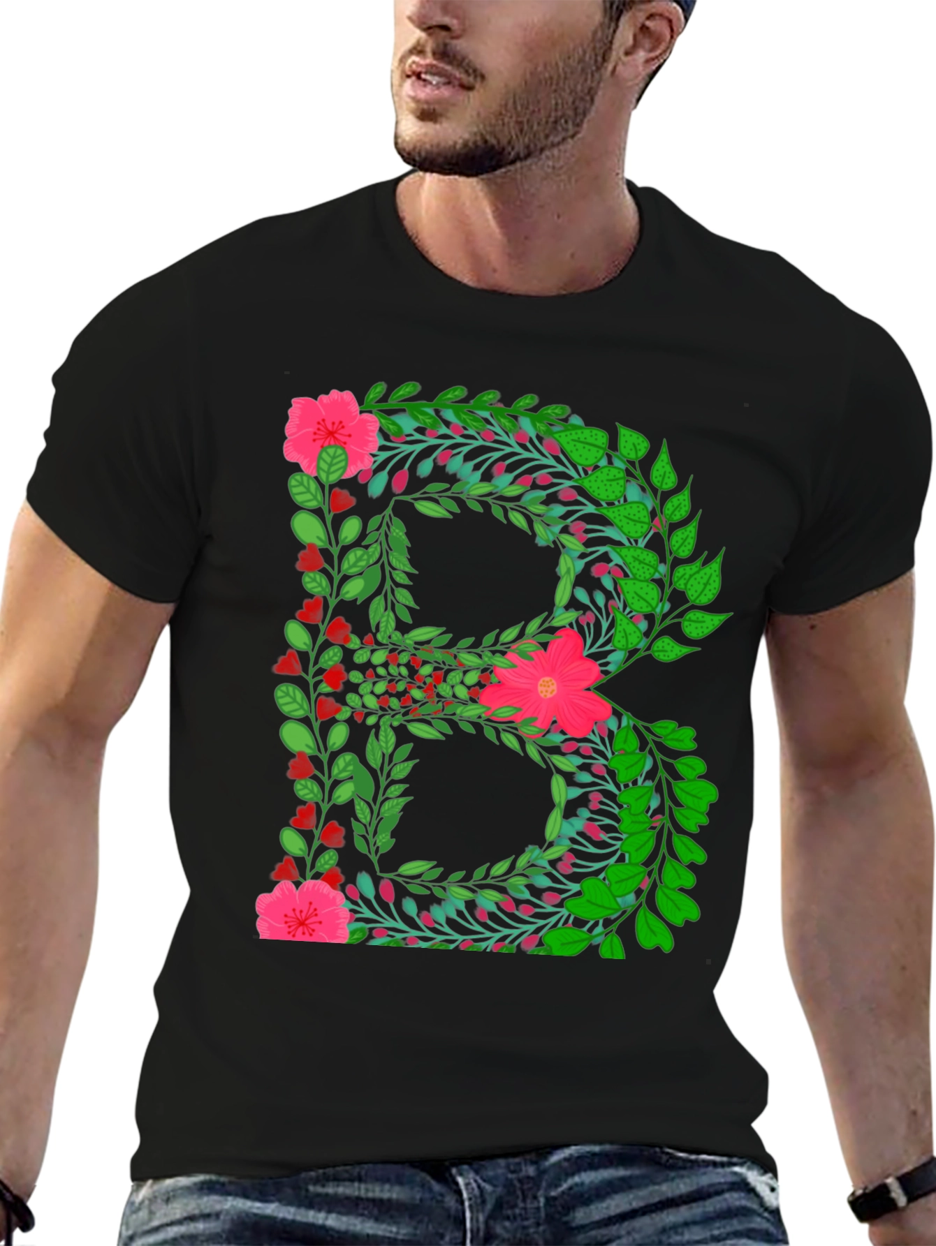 Floral Letter B Black T-Shirt