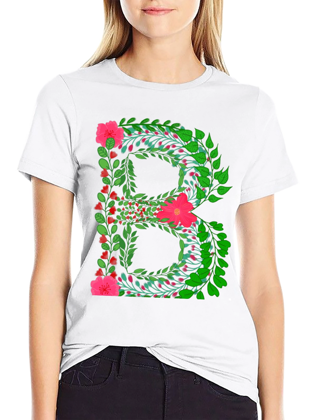 Floral Letter B Black T-Shirt