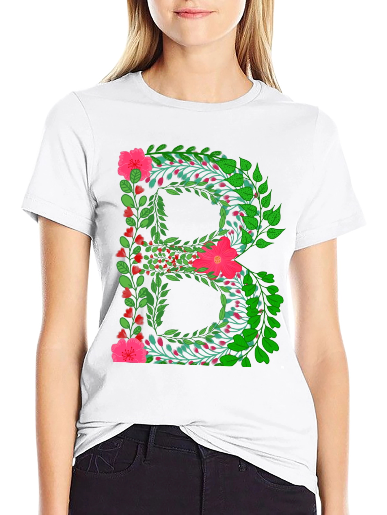 Floral Letter B Black T-Shirt