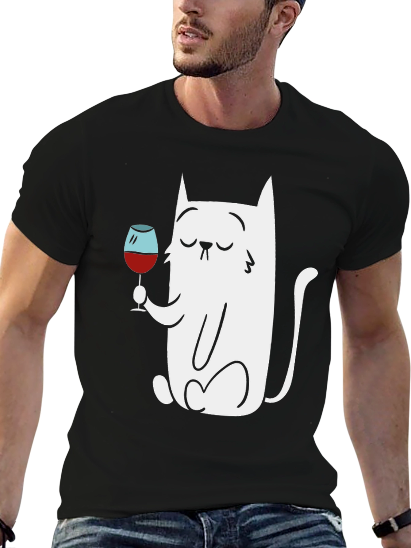 Cat With Wine Glass Graphic T-Shirt