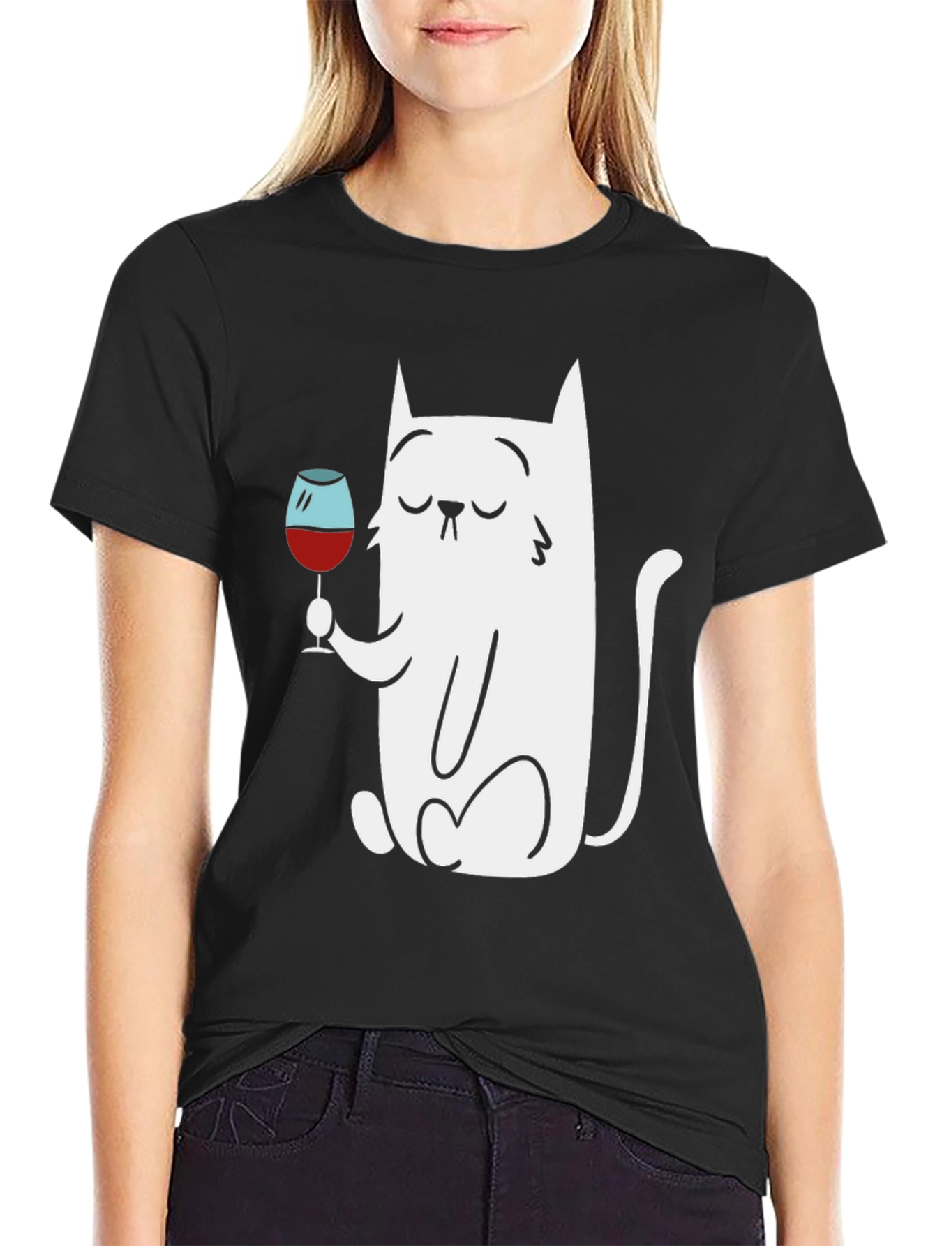 Cat With Wine Glass Graphic T-Shirt
