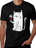 Cat With Wine Glass Graphic T-Shirt