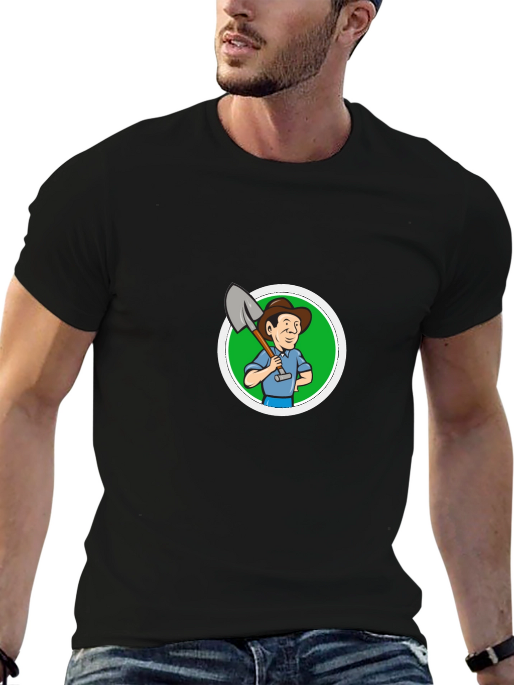 Cartoon Farmer Graphic Black T-Shirt