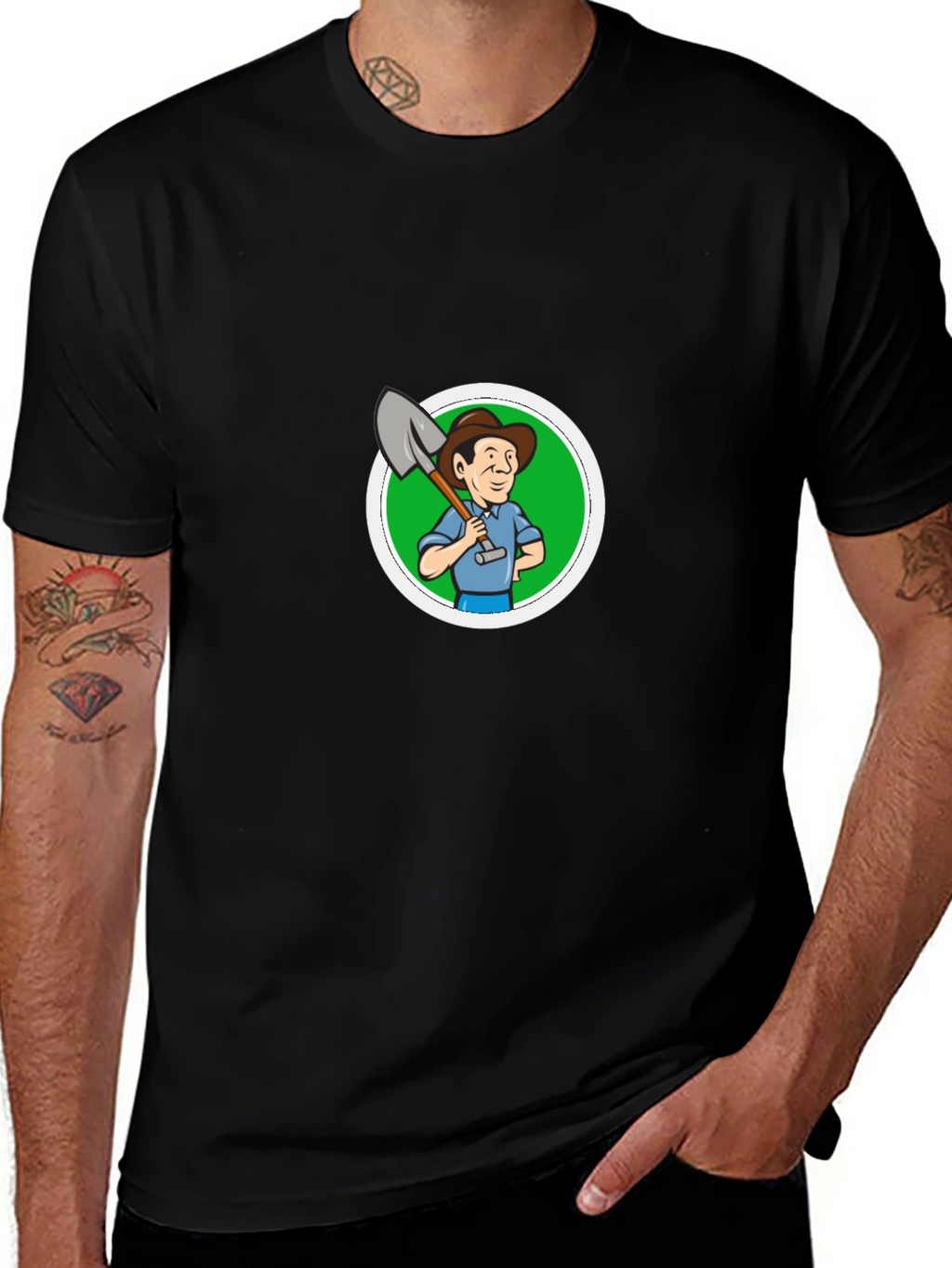 Cartoon Farmer Graphic Black T-Shirt