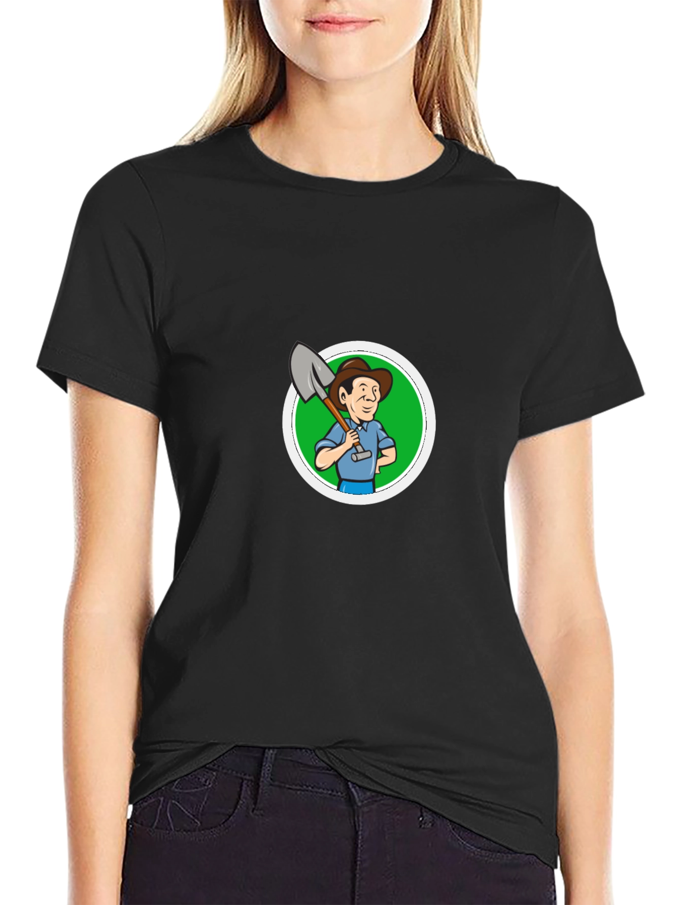Cartoon Farmer Graphic Black T-Shirt