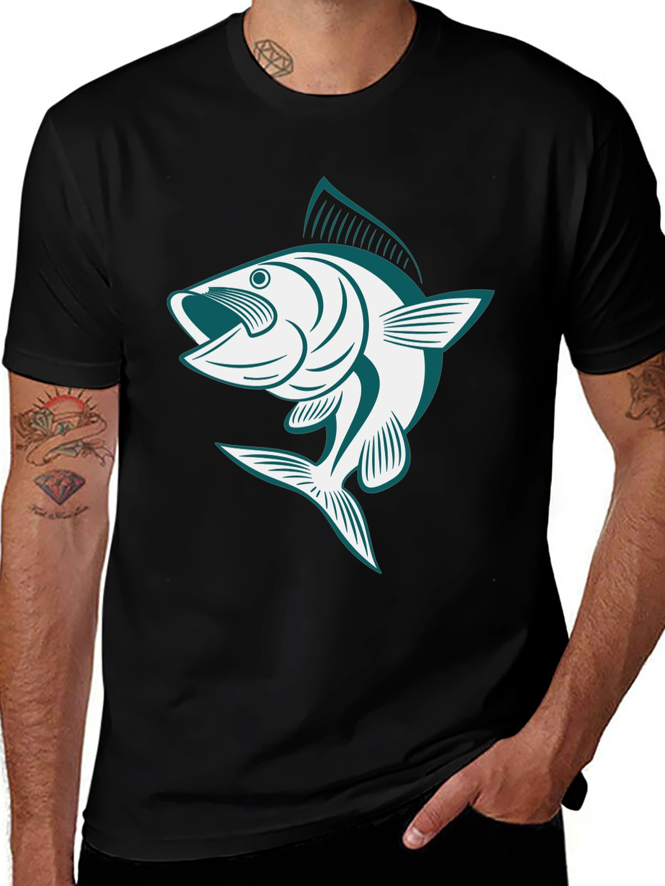 Bass Fish Graphic Tee - Black Casual Cotton Shirt