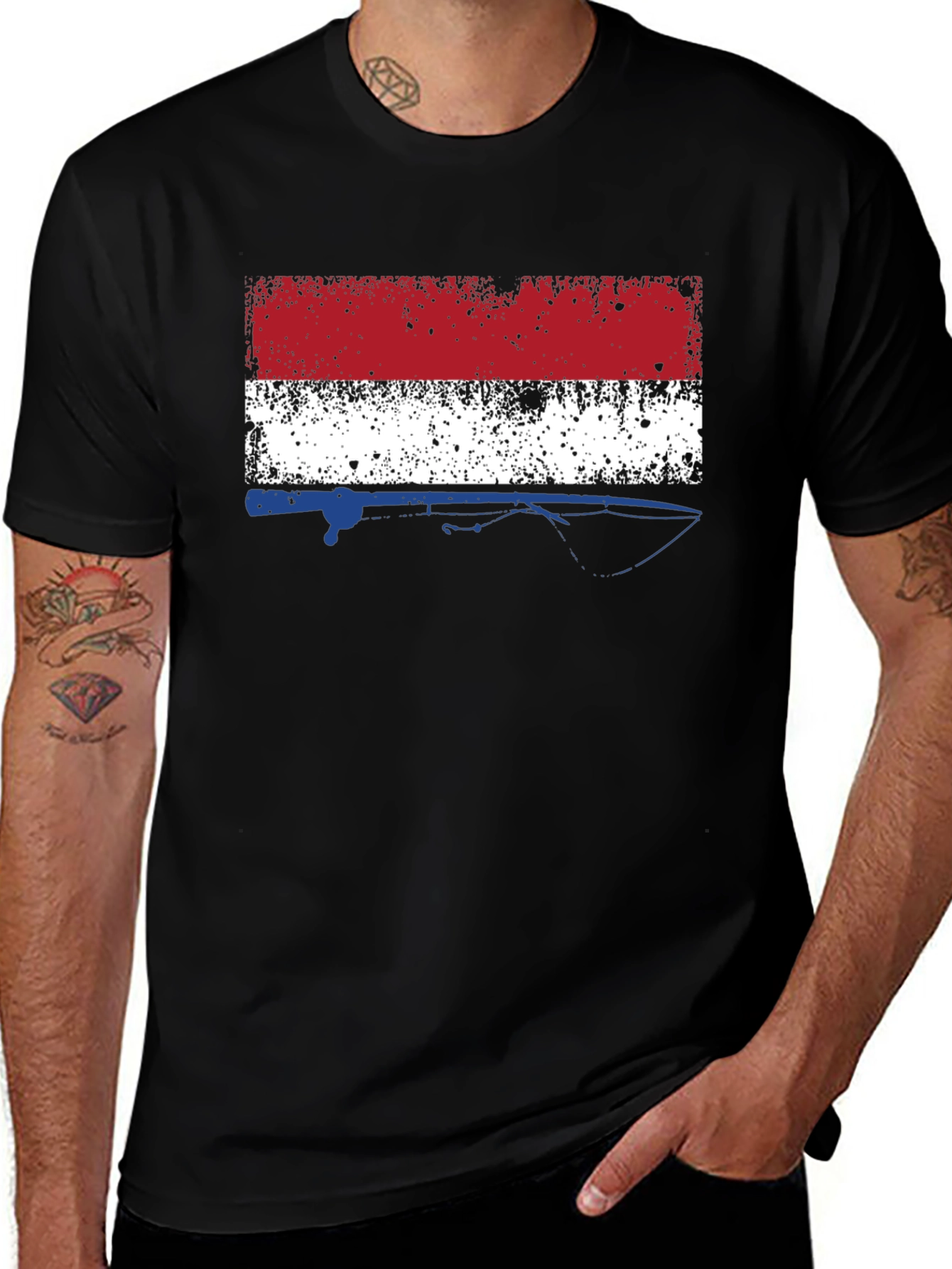 Netherlands Flag Fishing Rod Mens Black T-Shirt