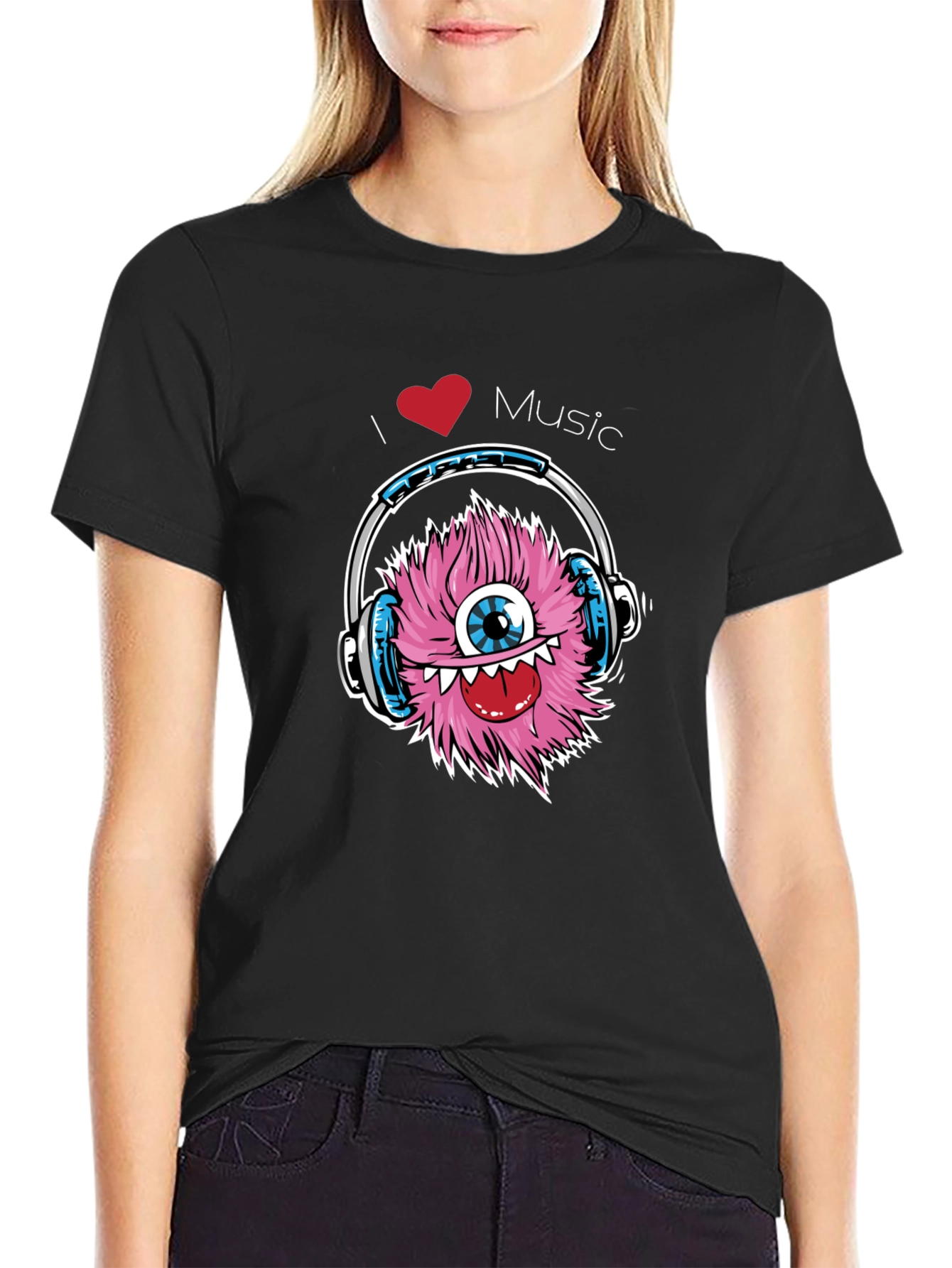 I Love Music Monster Graphic Tee - Black Cotton T-Shirt